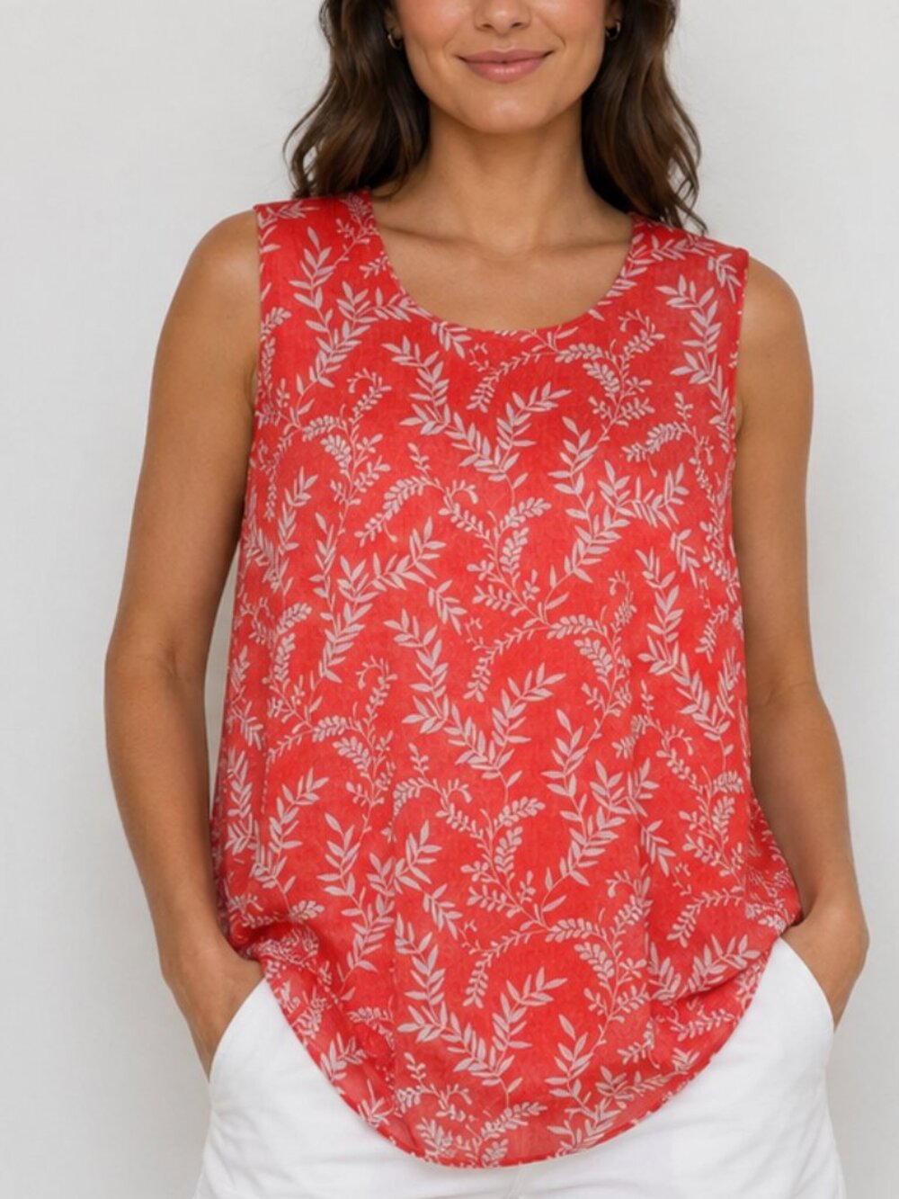 Cristina B L 12 14 Coral White Leafy Vines Sleeves Double Layer Tunic Top